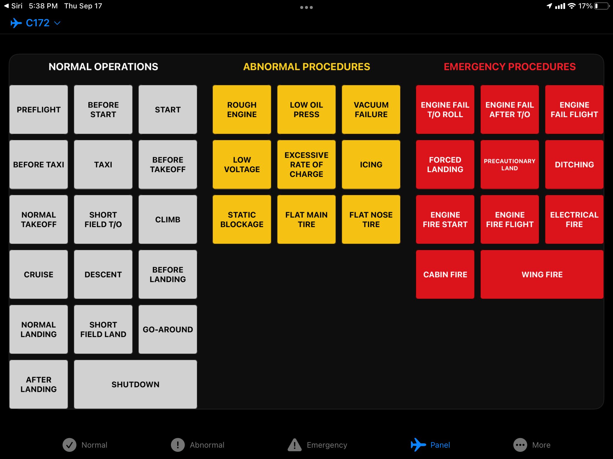 JetList Cessna 172 interactive checklist panel